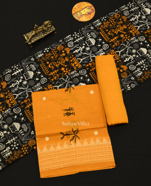 Black Yellow Tribal Design Sambalpuri Dress Material & Dupatta