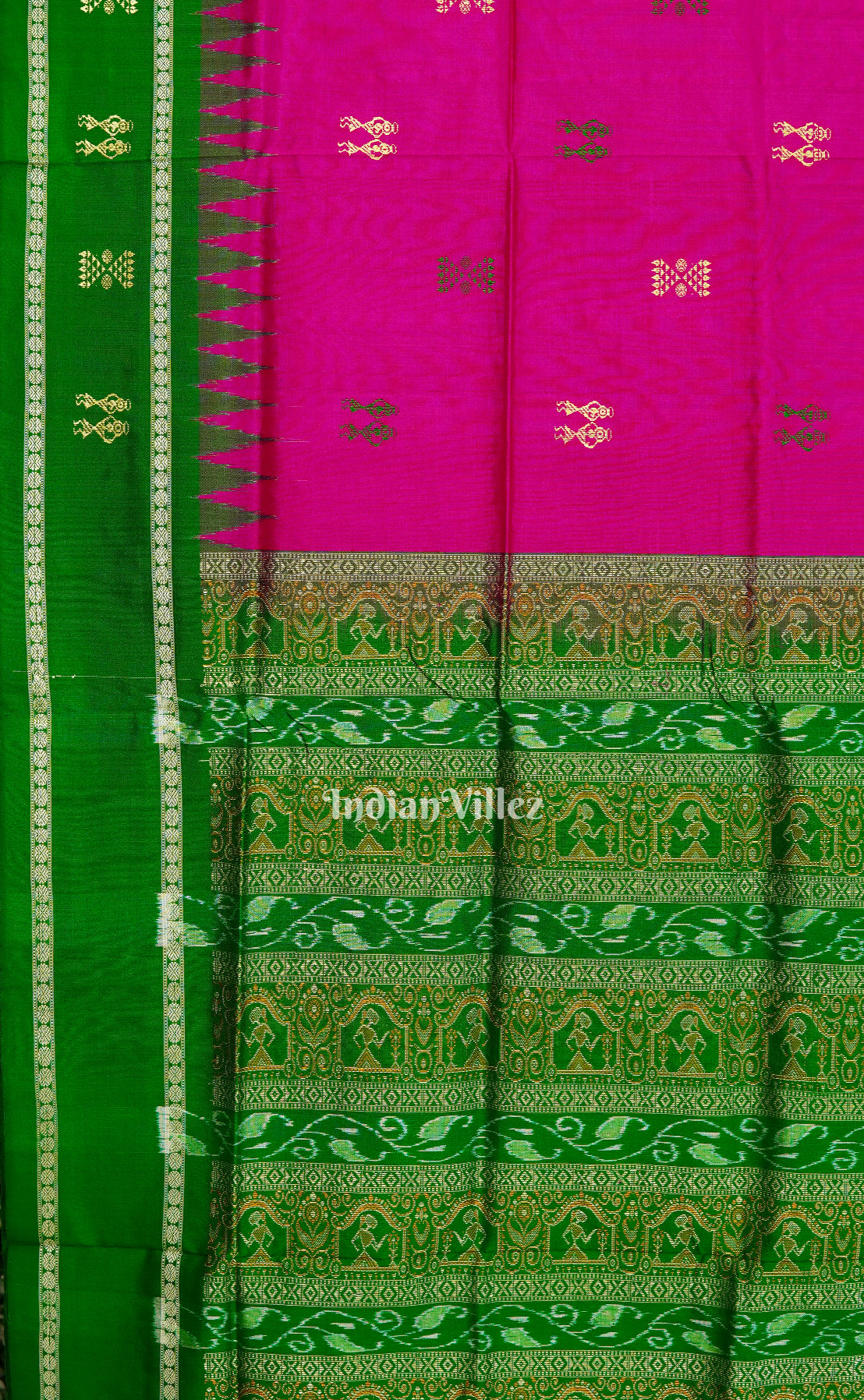 Rani Pink With Green Sambalpuri Ikat Bomkai Silk Saree