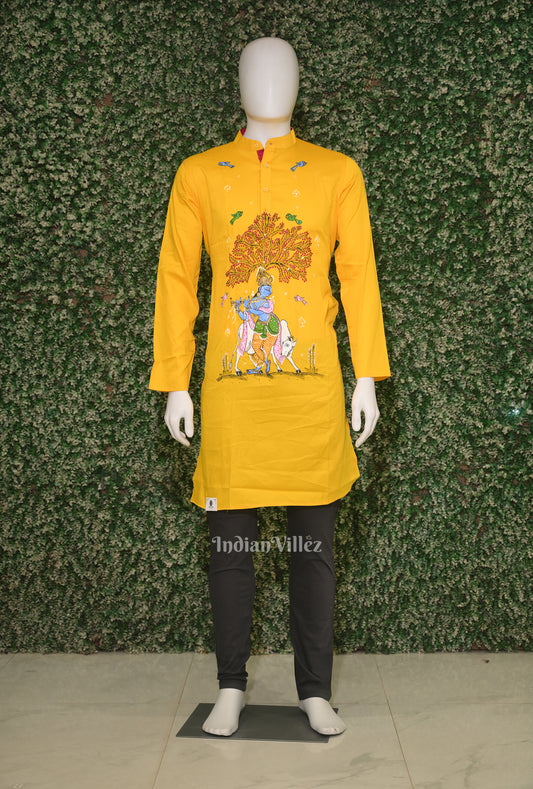 Yellow Krishna Theme Hand-Painted Pattachitra Kurta