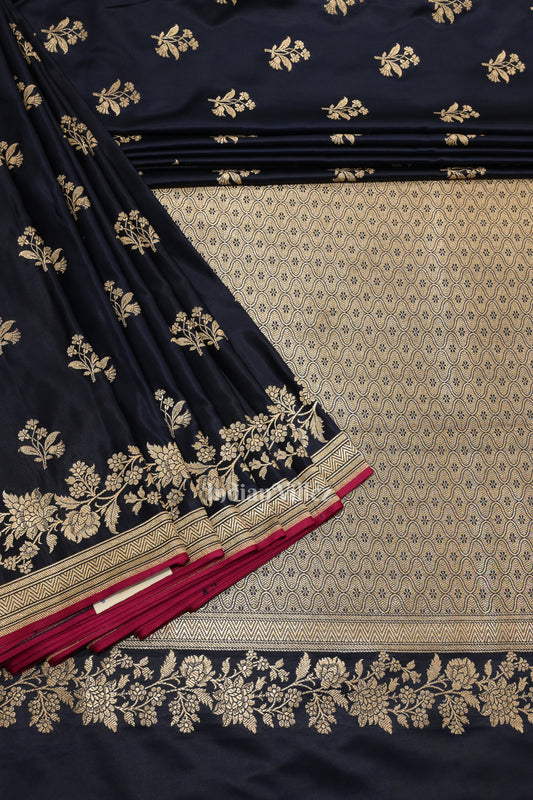 Navy Blue Flower Motif Mashru Satin Silk Banarasi Saree