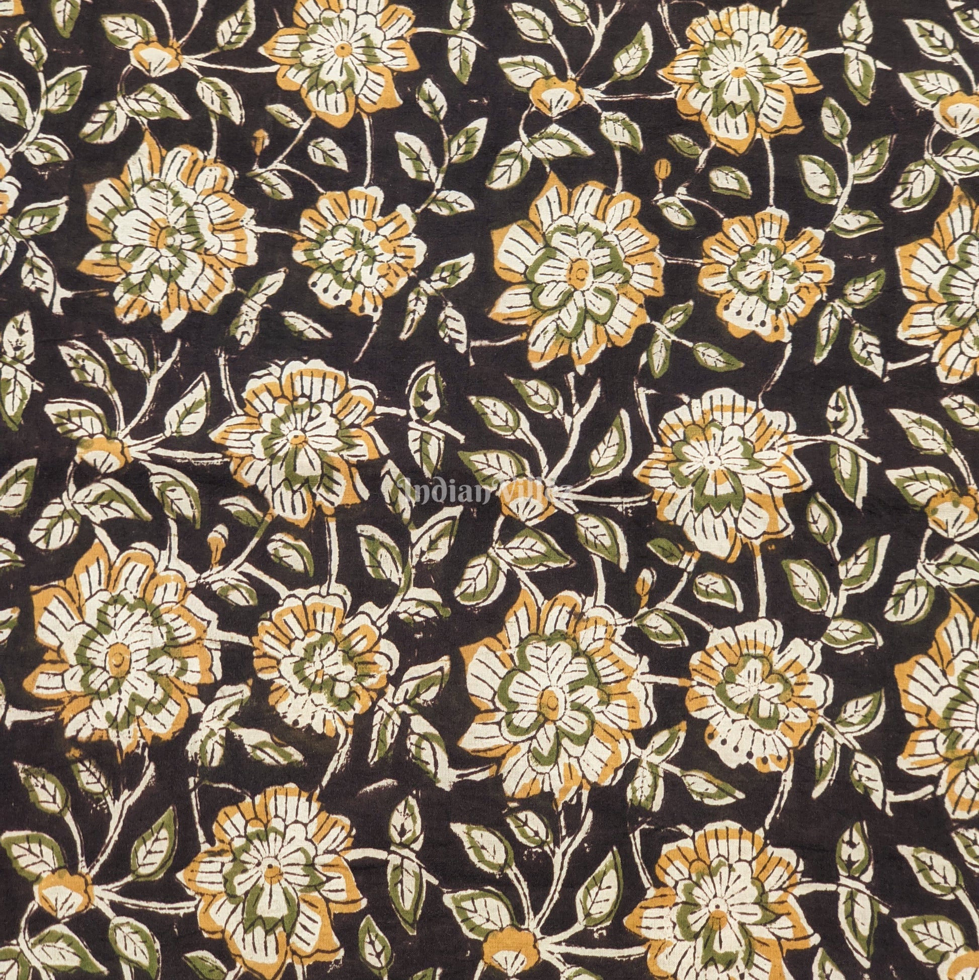 Dark Brown Floral Hand Block Printed Cotton Fabric