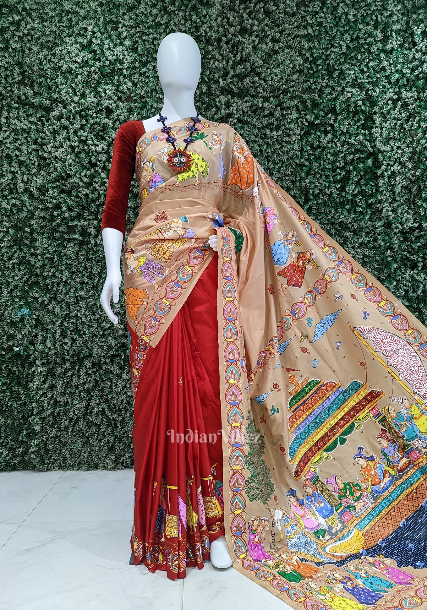 Golden  Red Boita Theme Hand-Painted Pattachitra Saree