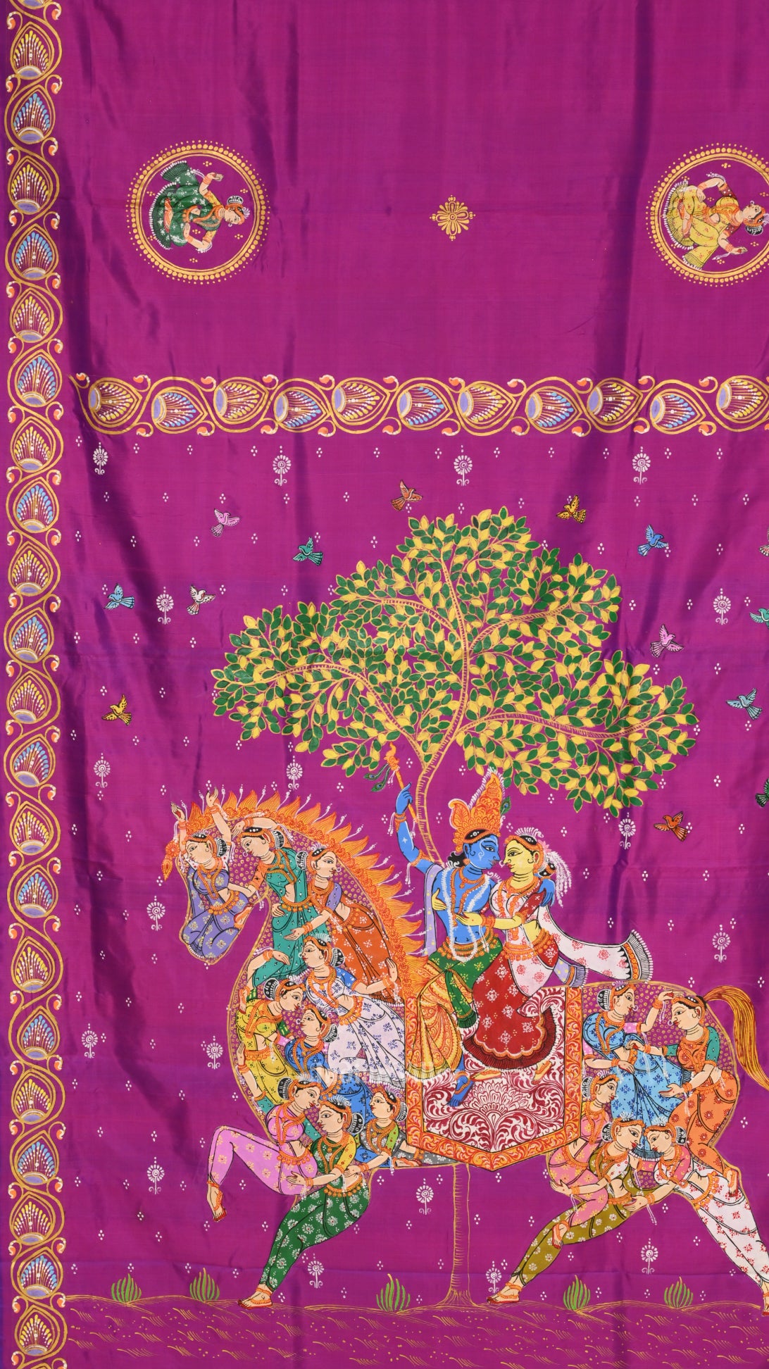 Purple Radha Krishna Theme Hand-Painted Pattachitra Saree 