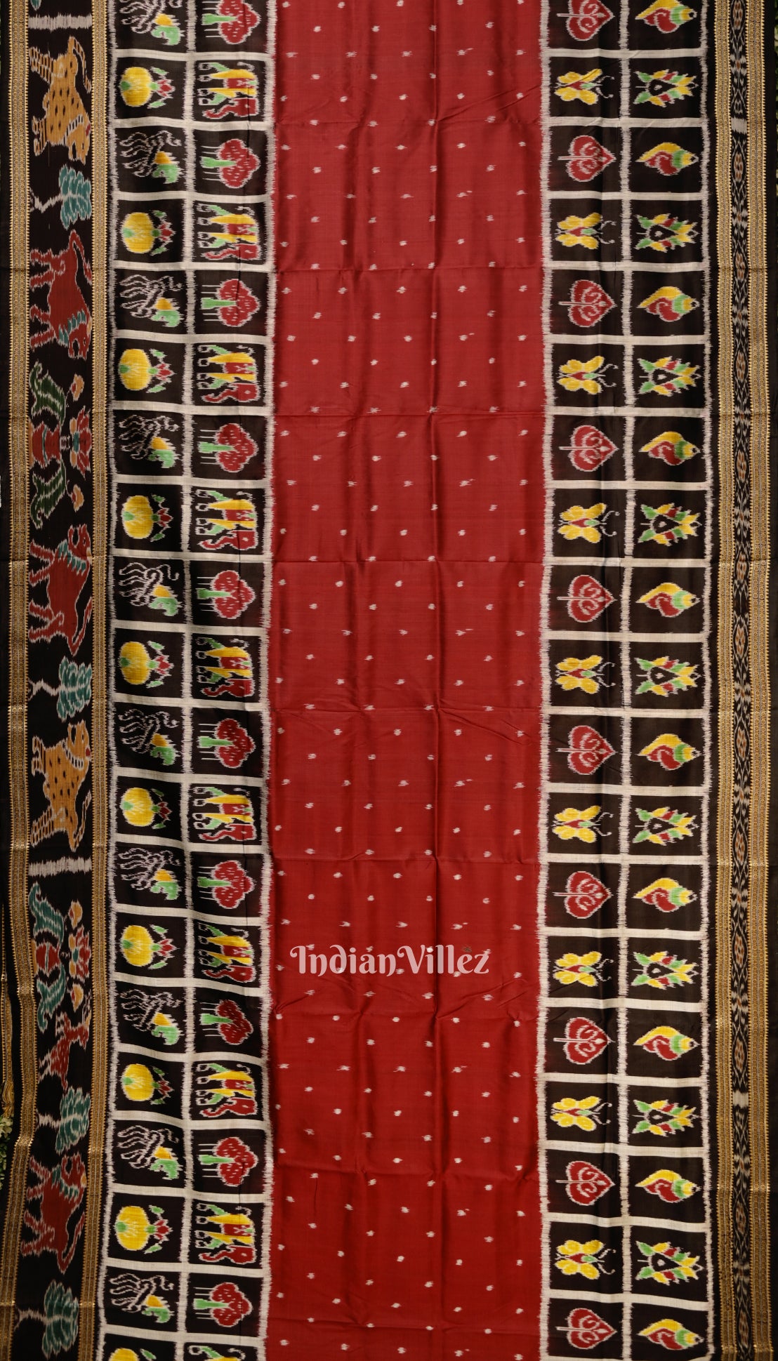 Red Black Nabakothi Odisha Ikat Khandua Silk Saree With Animal Theme