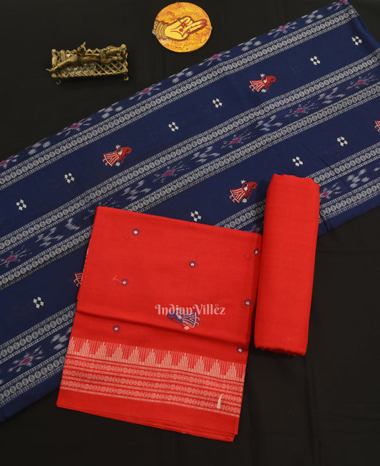 Navy Blue with Red Doll Odisha Ikat  Sambalpuri Dress Material & Dupatta 