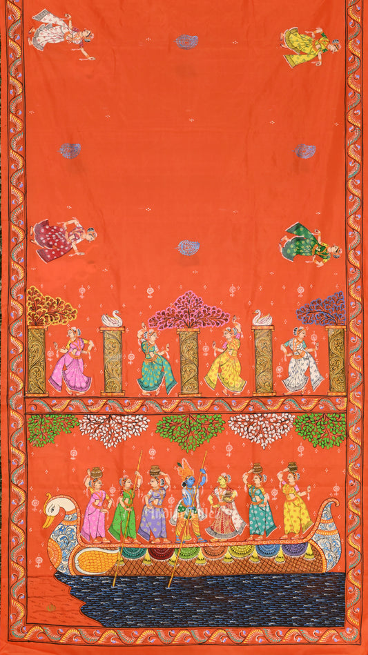 Deep Orange Radha Krishna Boita Hand-Painted Pattachitra Saree 