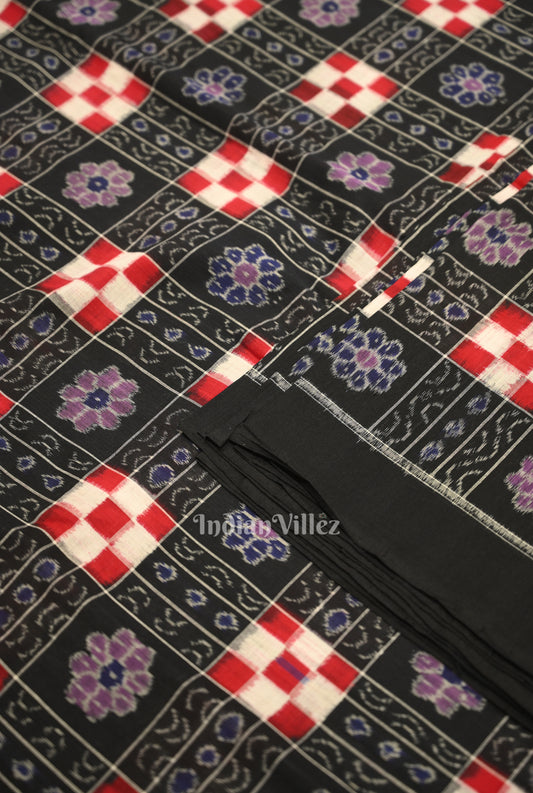 Black with MultiColor Pasapali Theme Sambalpuri Ikat Cotton Fabric