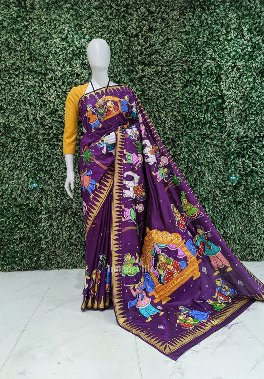 Purple Doli Barat Theme Hand-Painted Pattachitra Saree (Pre Order)