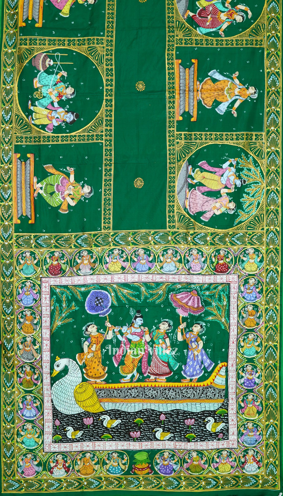 Green Radha Krishna Boita Theme Pattachitra Pure Silk Saree