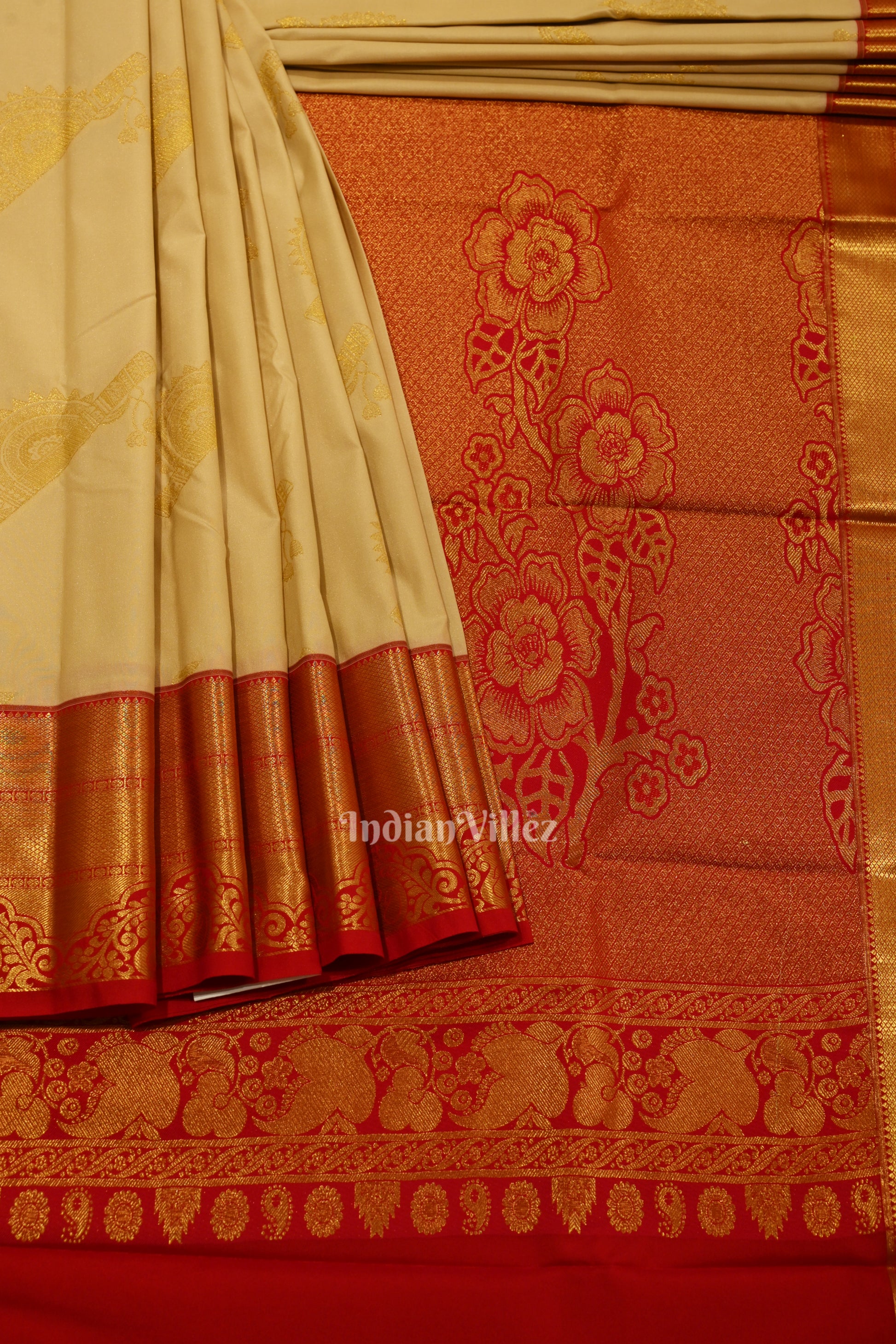 Cream Red Bridal Brocade Kanjivaram Silk Saree 