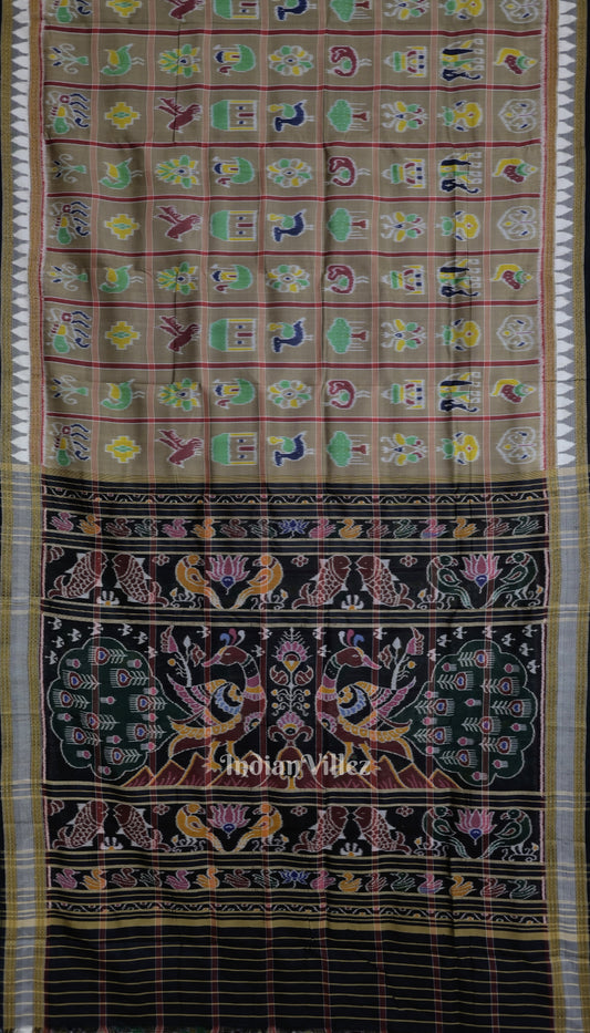 Golden Silver Nabakothi Theme Odisha Ikat Khandua Silk Saree