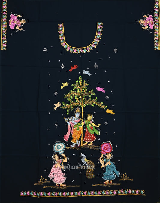 Castleton Green Rasleela Theme Hand-Painted Pattachitra Kurti Cotton Dress Material 