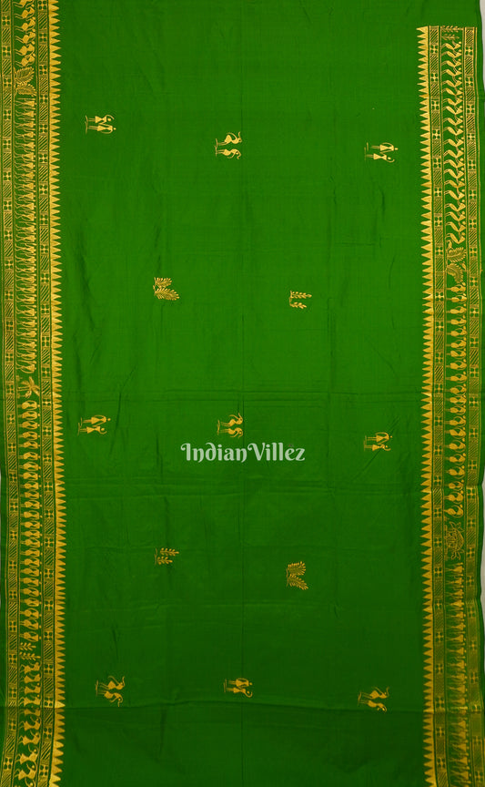 Green Tribal Themed Pattachitra Silk Saree