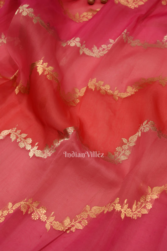 Baby Pink Pure Kora Banarasi Tissue Saree With Floral Handwork