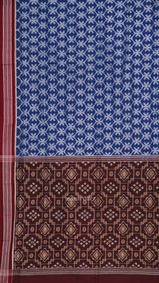 Blue Maroon Floral Theme Sambalpuri Ikat Cotton Saree