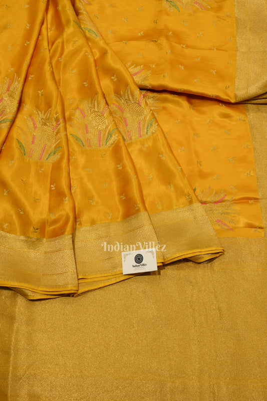 Authentic Mustard Yellow with Golden Broder Mashru Satin Silk Banarasi Saree