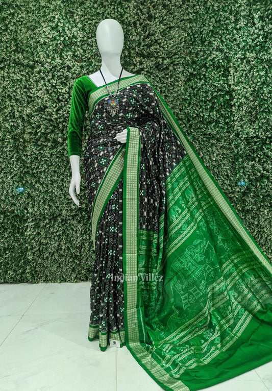 Black Green Odisha Ikat Pasapali Motif Sambalpuri Silk Saree