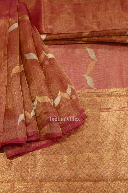 Rani Pink Pure Organza Banarasi Silk Saree With Floral Handwork 