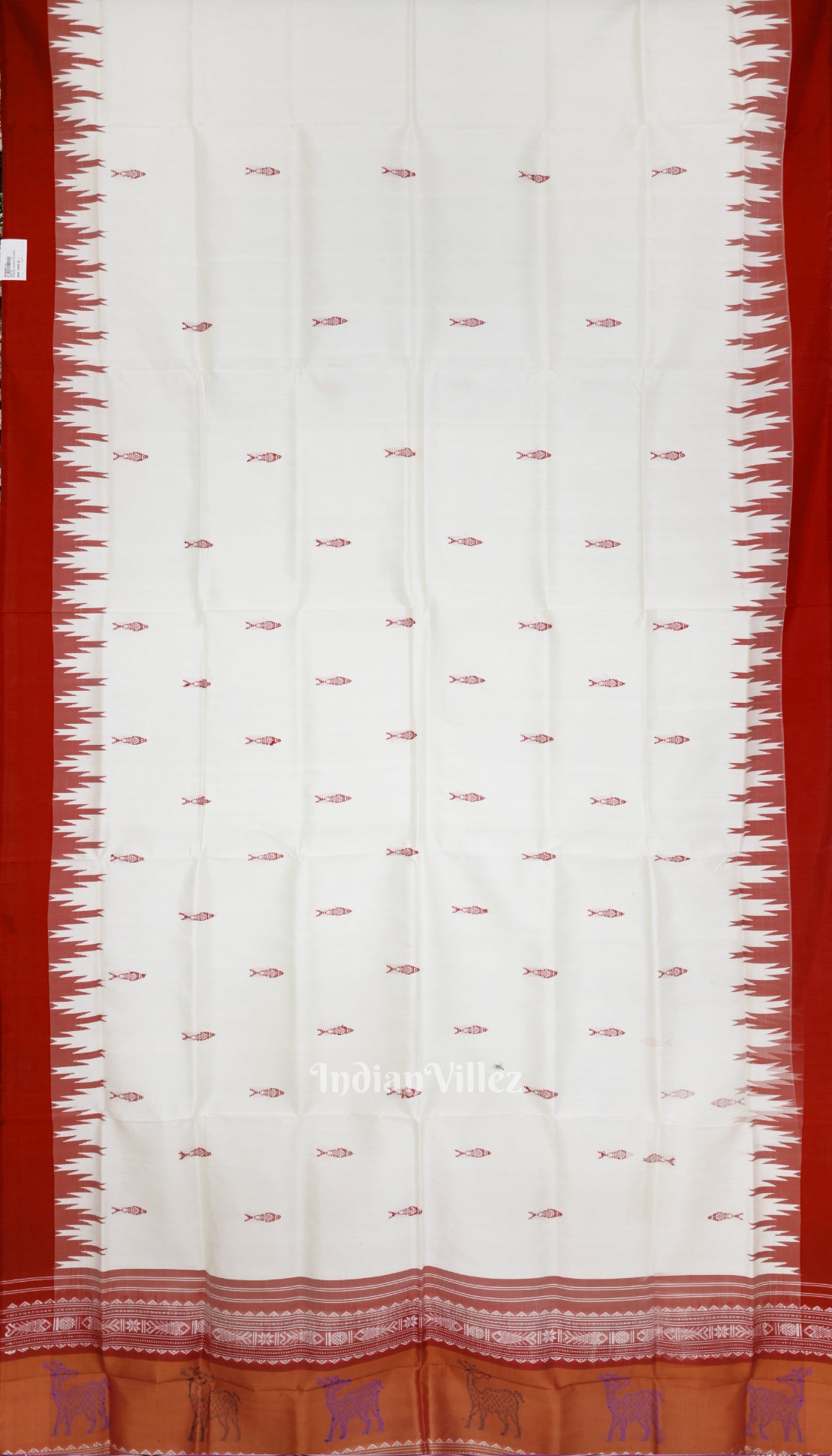 White Fish Motif Double Pallu Berhampuri Silk Saree