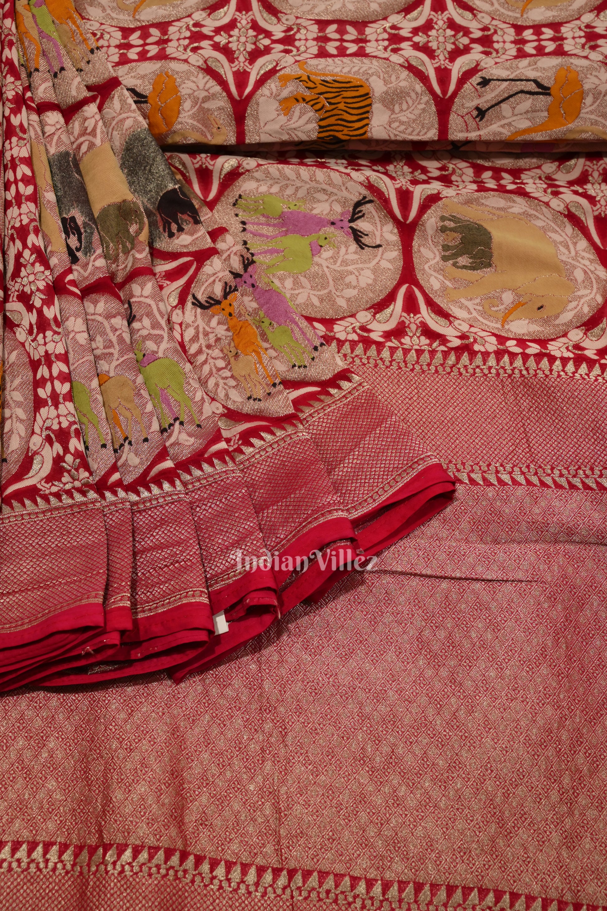 Rani Pink Shikargah Theme  Banarasi Georgette Silk Saree