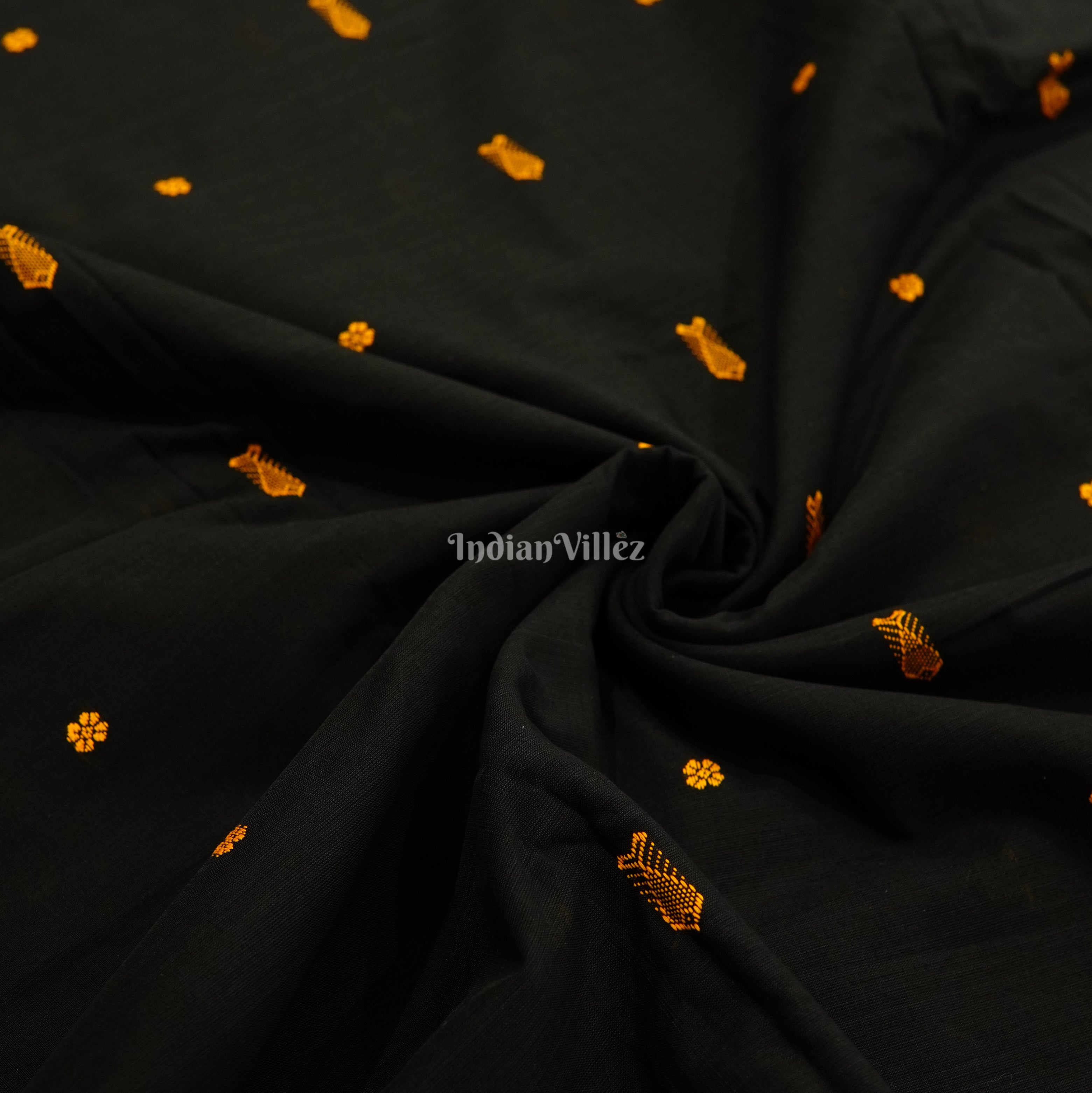 Black Fish & Flower Motif Bomkai Cotton Fabric