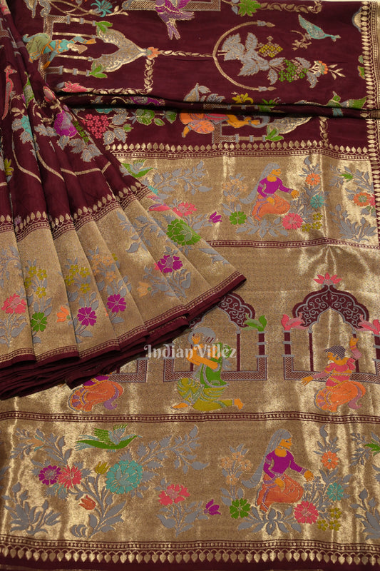 Wine Purple Tussar Banarasi Silk Saree with Tassels 