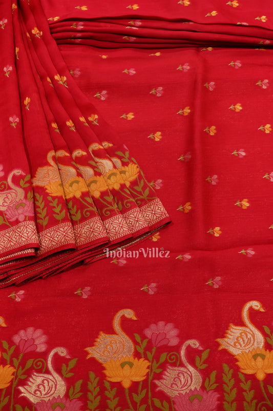  Blood Red Floral Motif Designer Katan Banarasi Silk Saree 