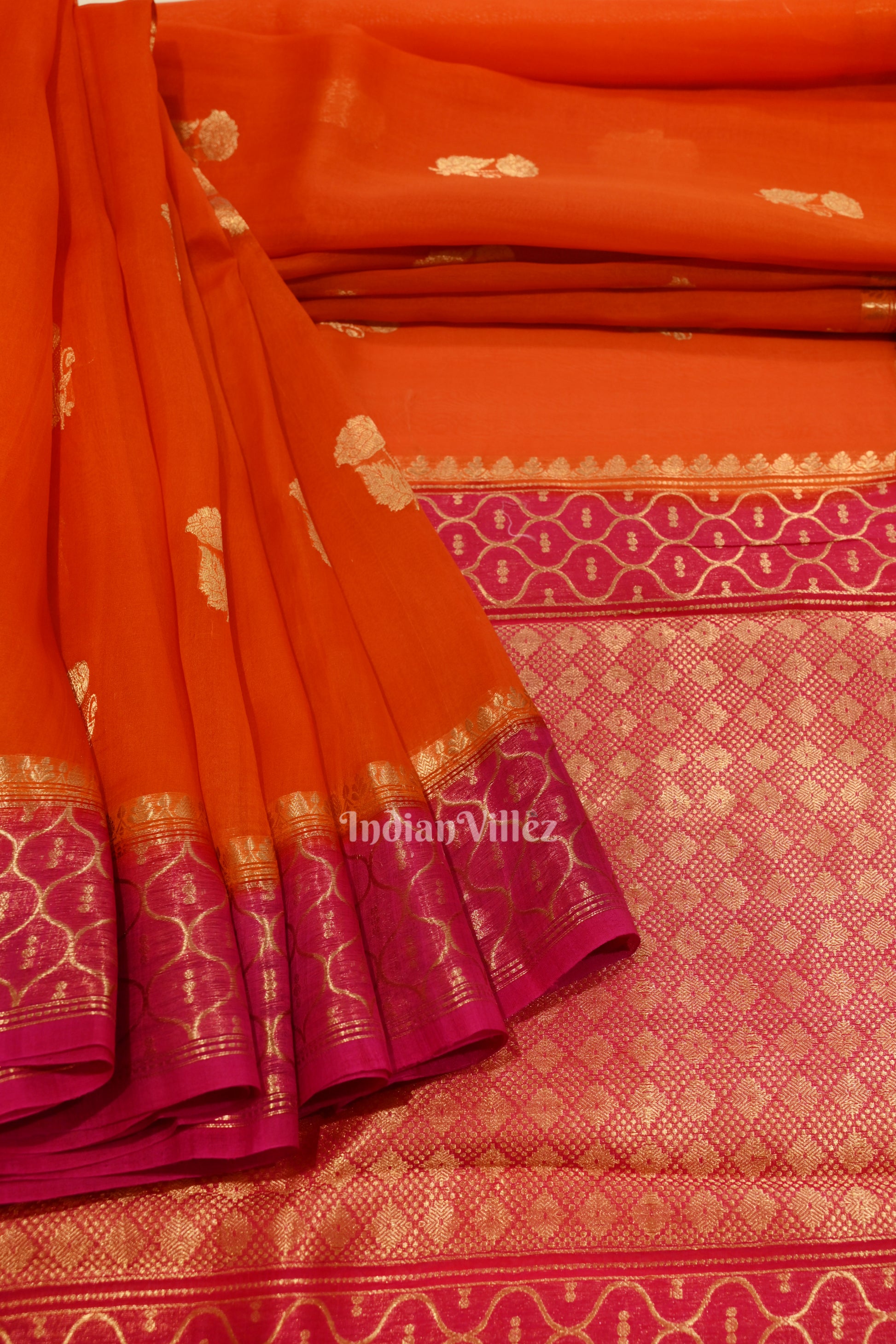 Orange with Rani Pink Kora Organza Banarasi  Saree