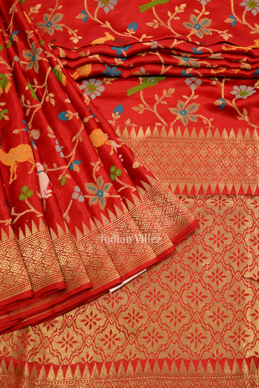 Pure Authentic Red Tussar Banarasi Silk Saree with thread embroidery