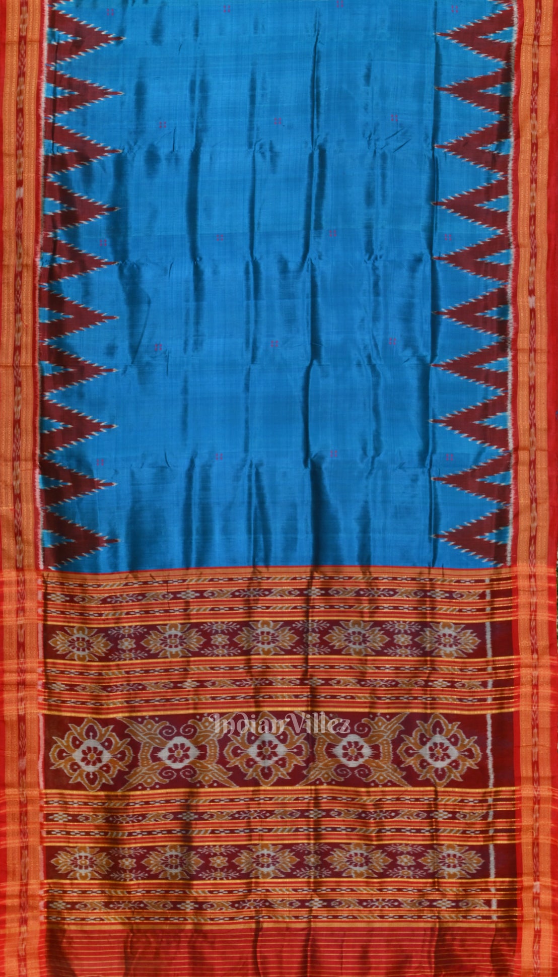 Sky Blue Red Butta Theme Odisha Handloom Khandua Silk Saree