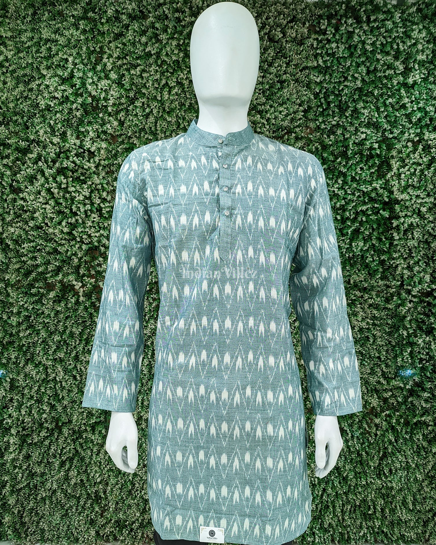 Light Green Pasapali Sambalpuri Ikat Cotton Long Kurta For Men