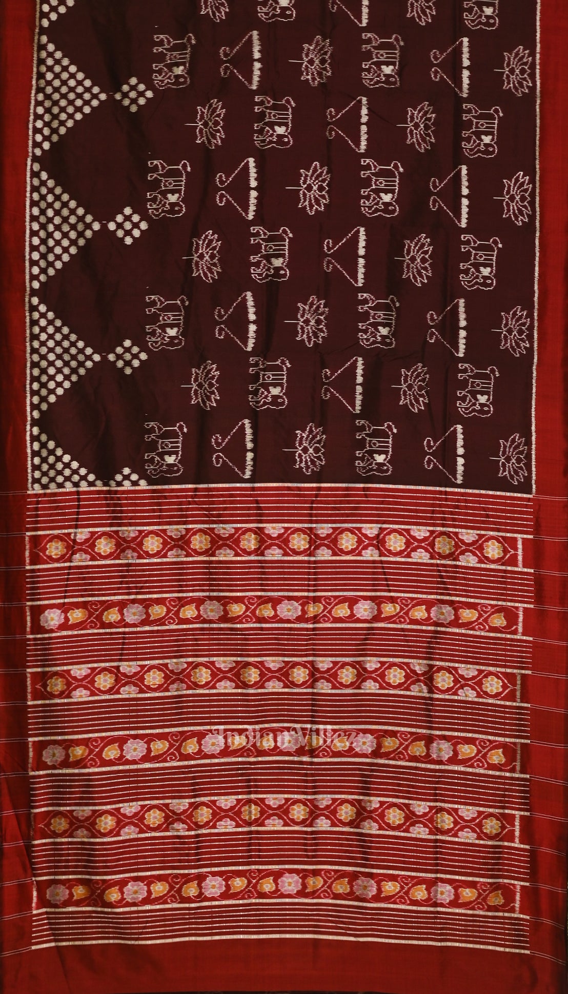 Coffee with Red Lotus Theme Contemporary Designer Silk Saree