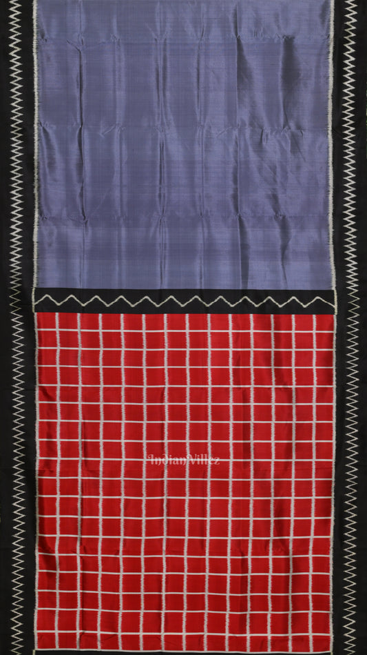 Ash Gray with Red Check Pallu Contemporary Silk Saree