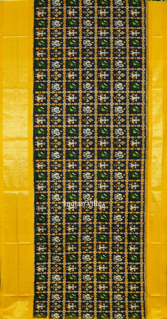 Black Yellow Nature Wildlife Design Pochampally Ikat Silk Saree