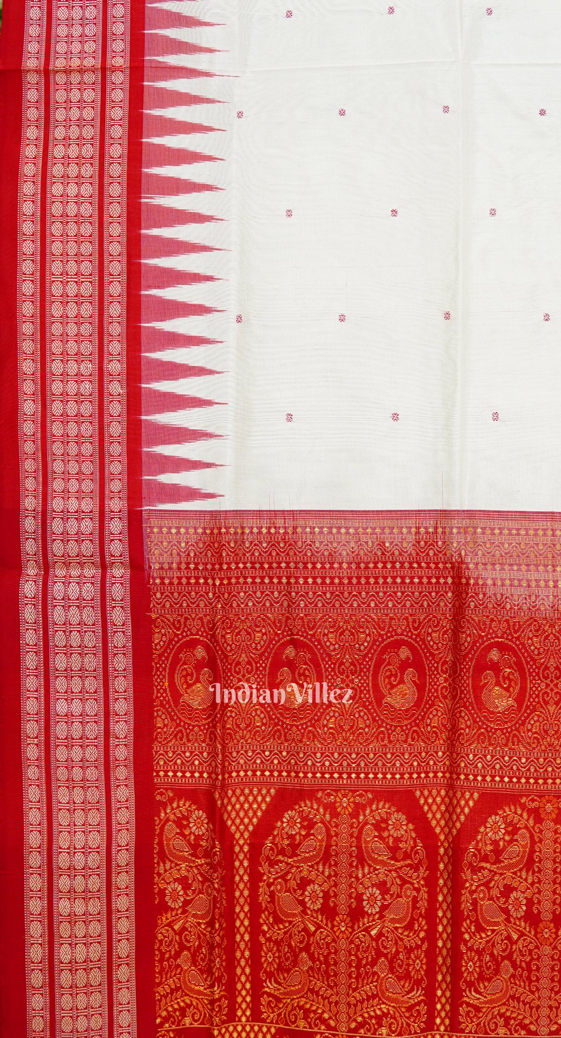 White Red Butta Design Bomkai Sambalpuri Silk Saree