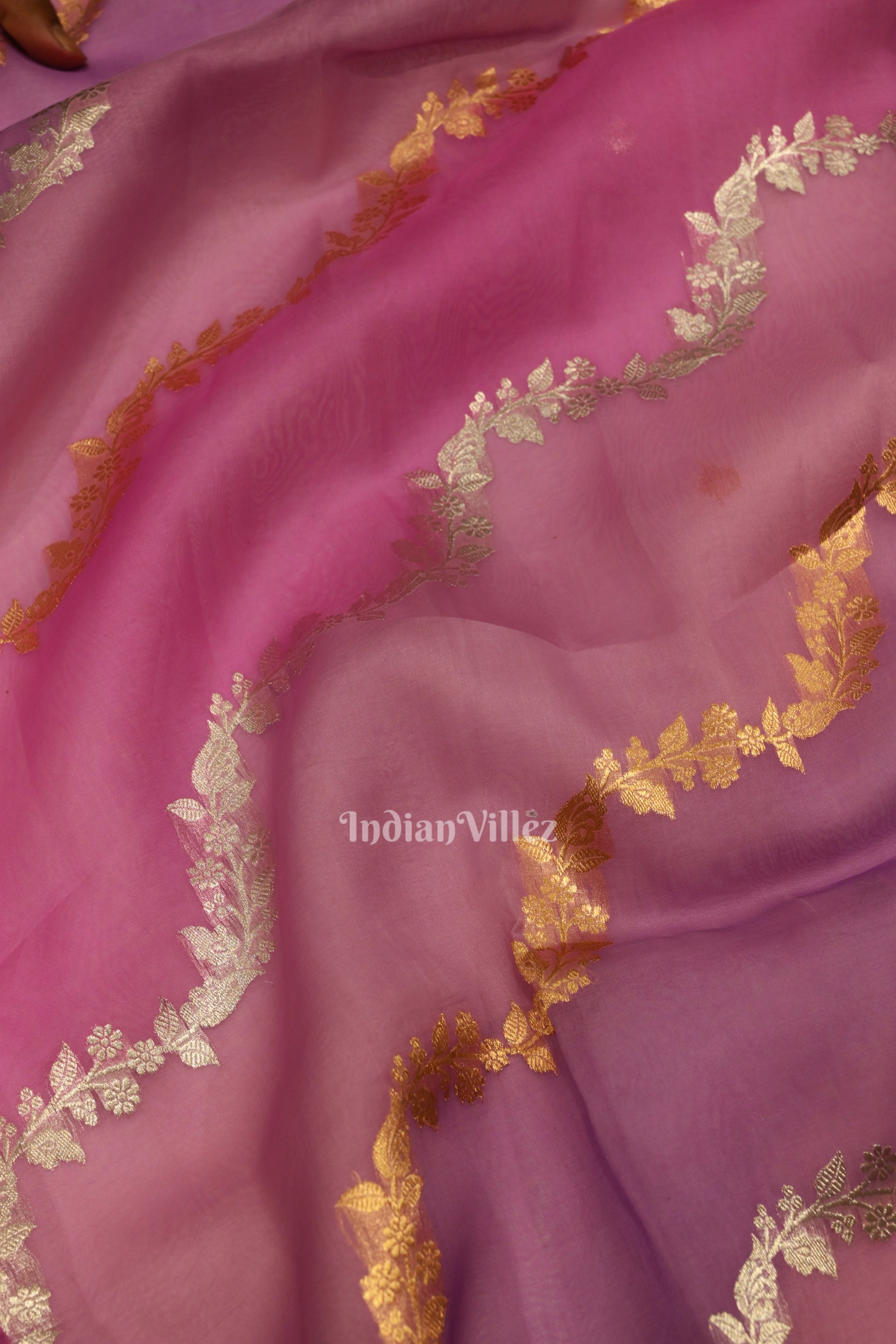 Lavendar Pure Organza Silk Saree With Floral Handwork