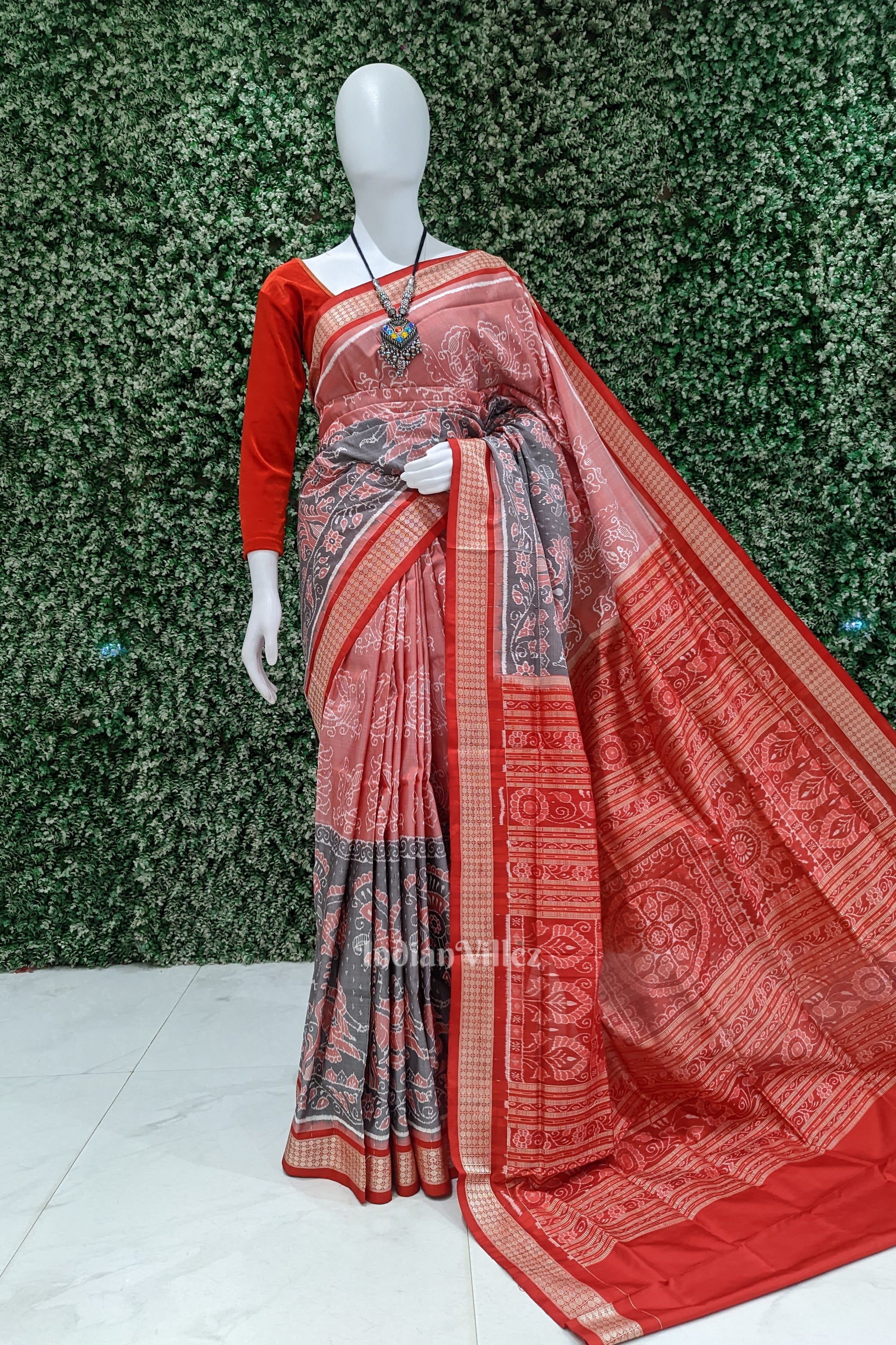 Peach Black Peacock Sambalpuri Ikat Silk Pastel Saree