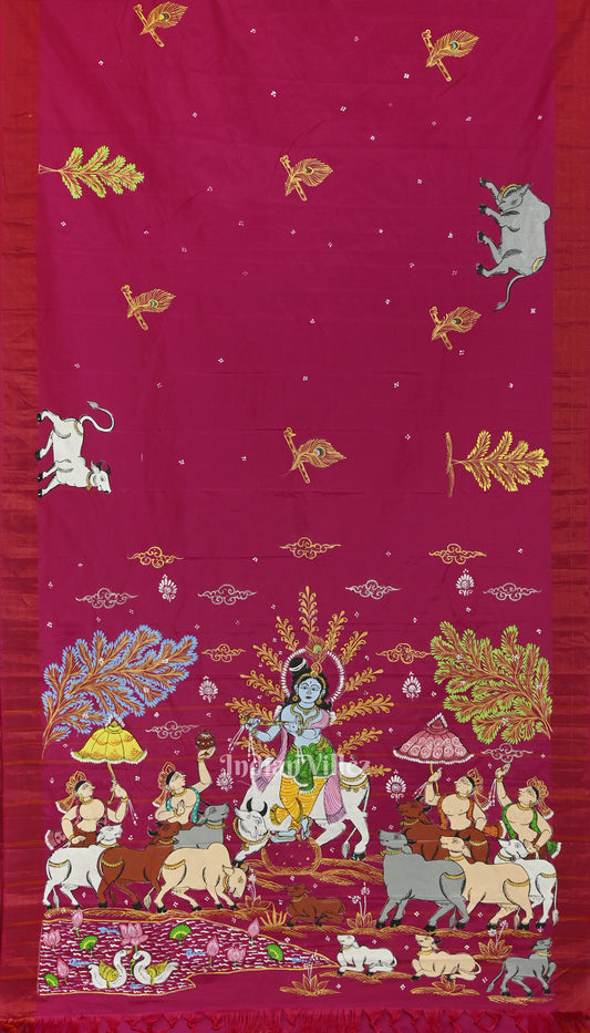 Magenta Pink Krishna Gopapur Theme Hand-Painted Pattachitra Saree