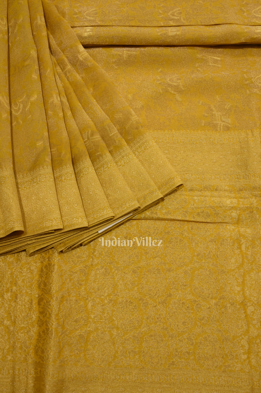 Golden Yellow Tussar Banarasi Silk Saree with Tassels 