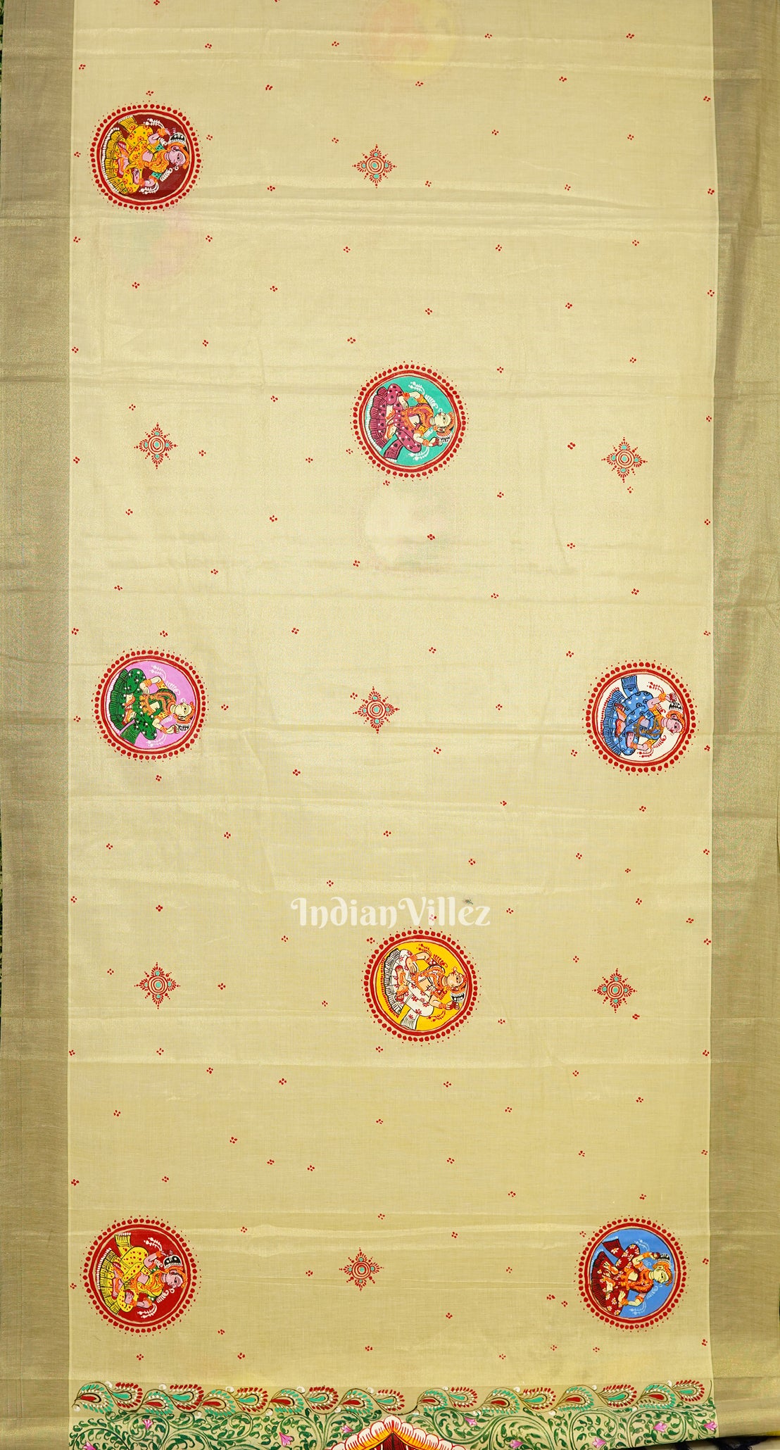 Cream Kerala Tissue Marriage Theme Pattachitra Silk Saree