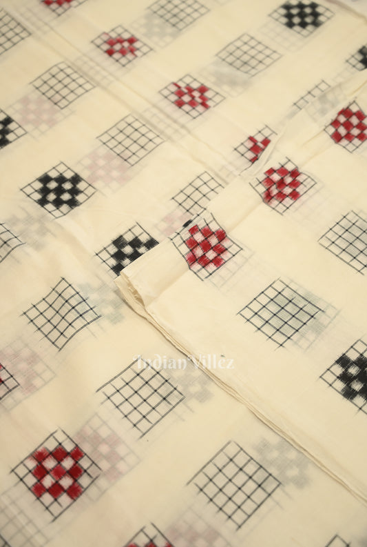 White Ashwini Motif Odisha Ikat Sambalpuri Cotton Fabric