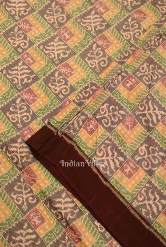 Cement Gray Coffee Tribal Theme Sambalpuri Ikat Cotton Fabric 