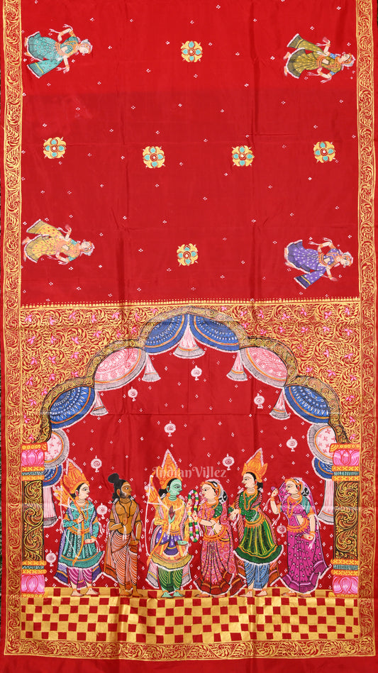 Red  Seeta Vivah  Hand-Painted Pattachitra Saree 