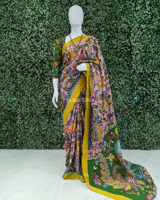 Pink Hand-Painted Kanjivaram Silk Kalamkari Saree