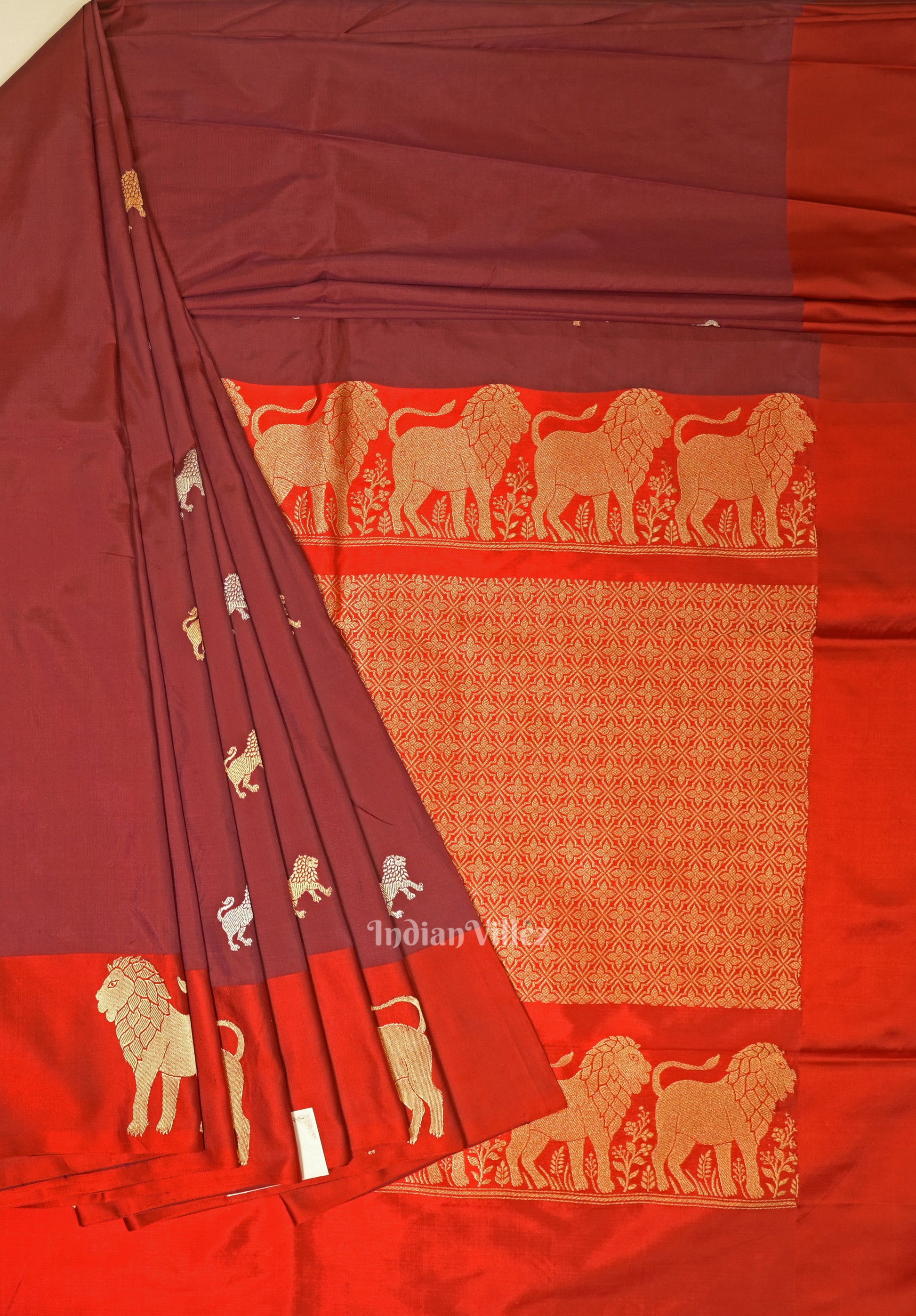 Maroon Red Lion Motif Designer Katan Banarasi Silk Saree