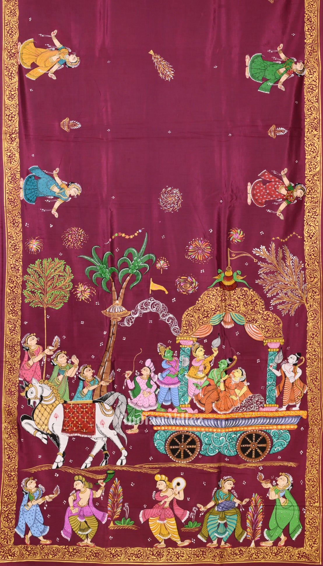 Wine Color Mathura Vijay Theme Hand-Painted Pattachitra Saree