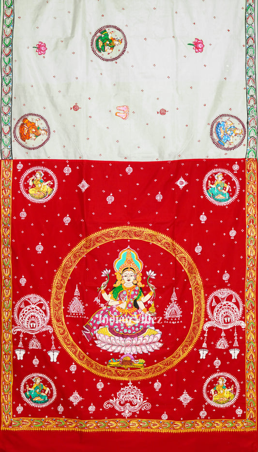 White Manabasa Laxmi Puja Theme Hand-Painted Pattachitra Saree