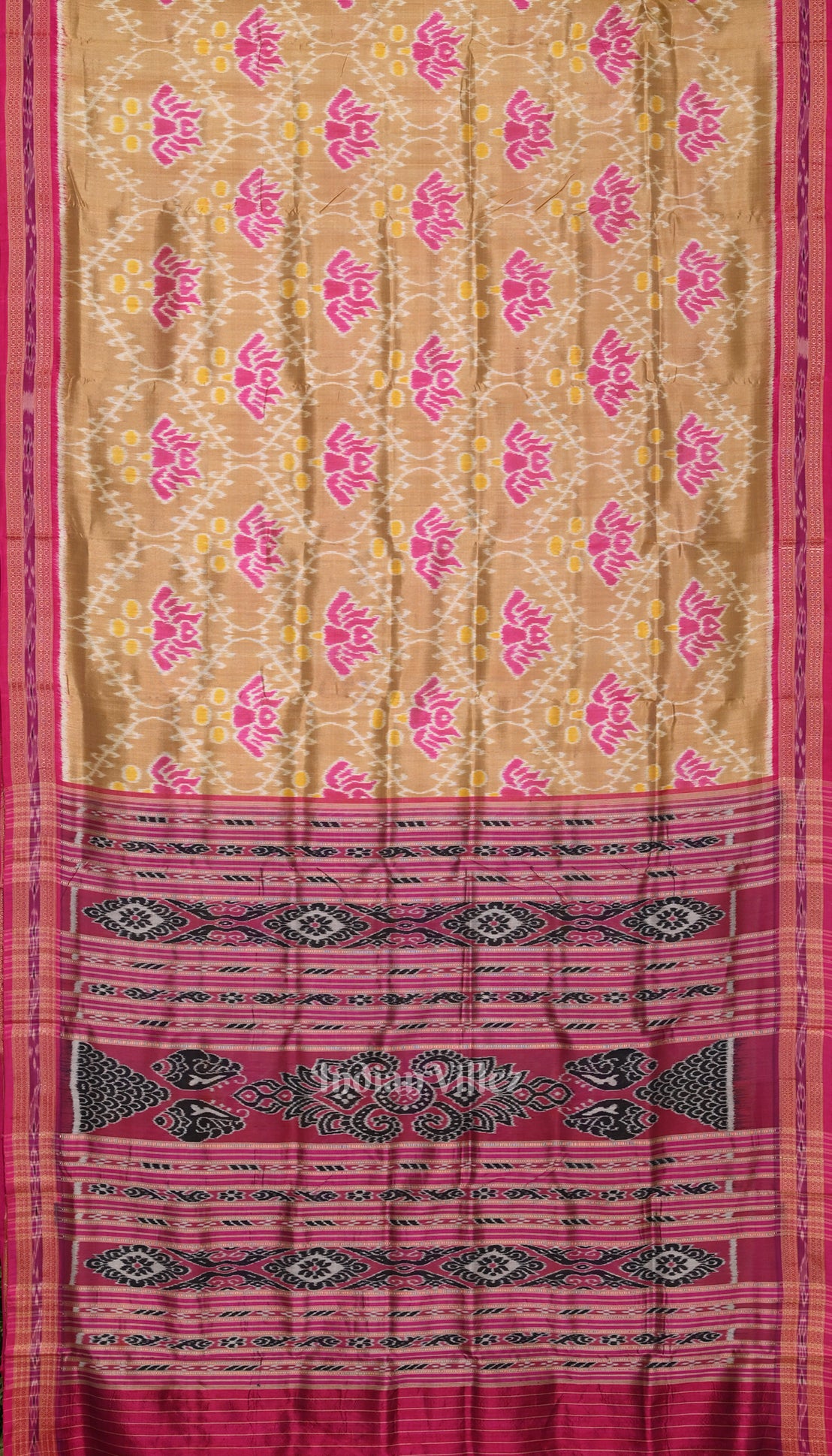 Yellow Cream Lotus Theme Khandua Silk Saree