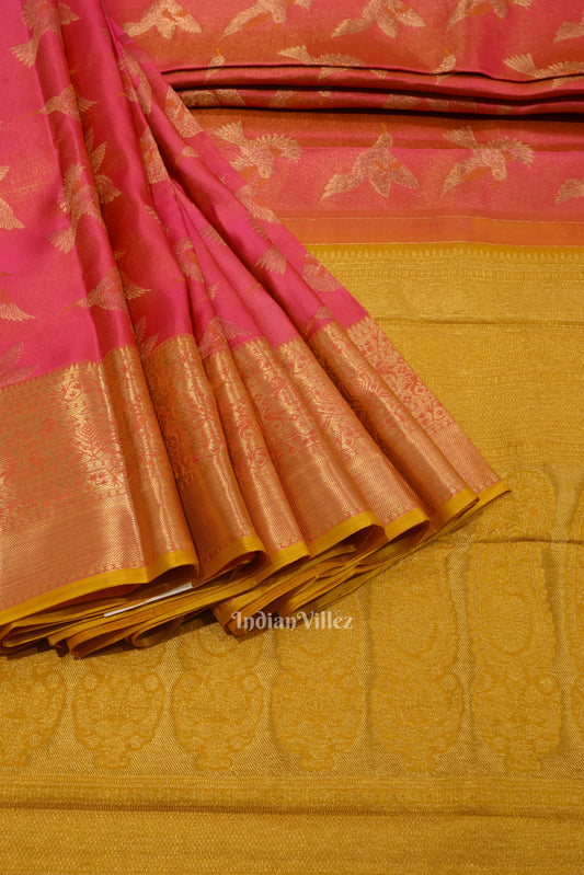 Pink With Mustard Yellow Bird Theme Pure Kanjivaram Silk Saree