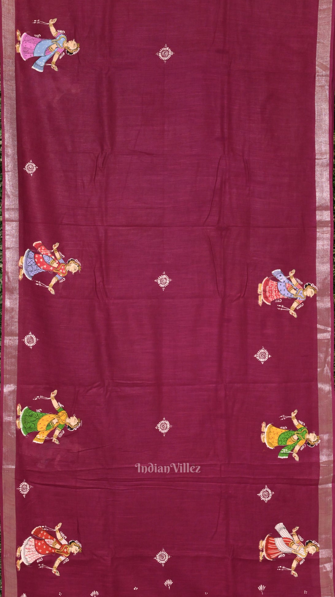 Wine Radha Krishna Hand-Painted Pattachitra Saree